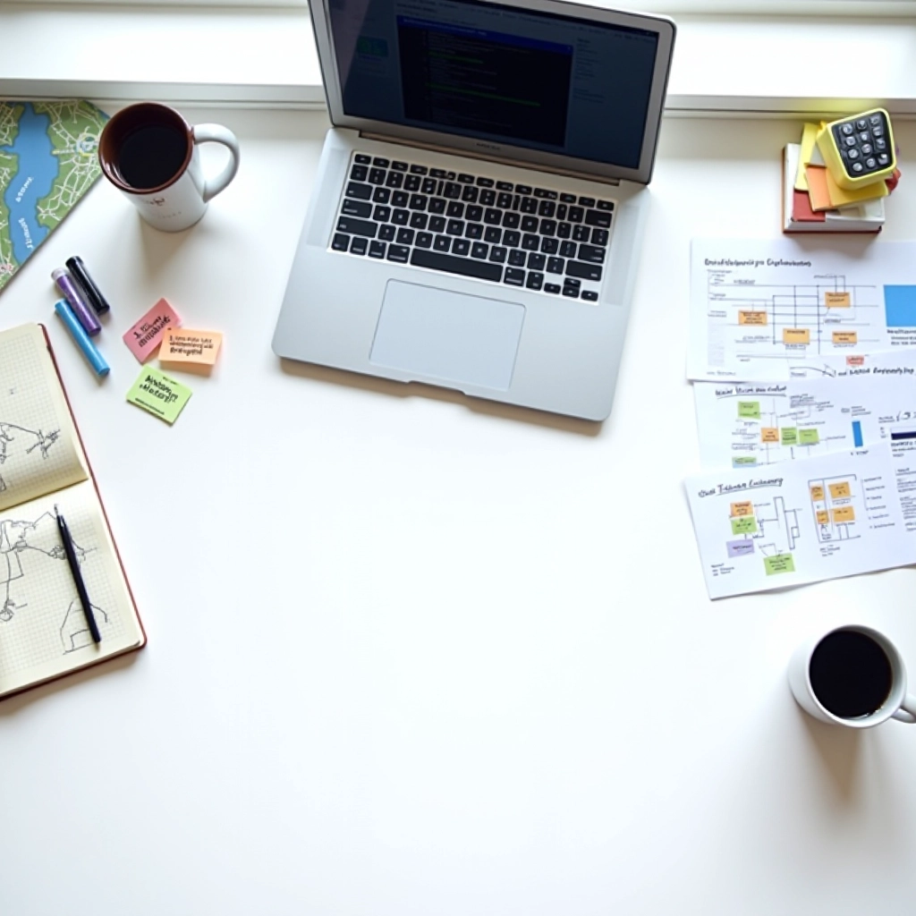 Editorial team workspace with research materials, notebooks, and detection framework documentation spread across a clean desk
