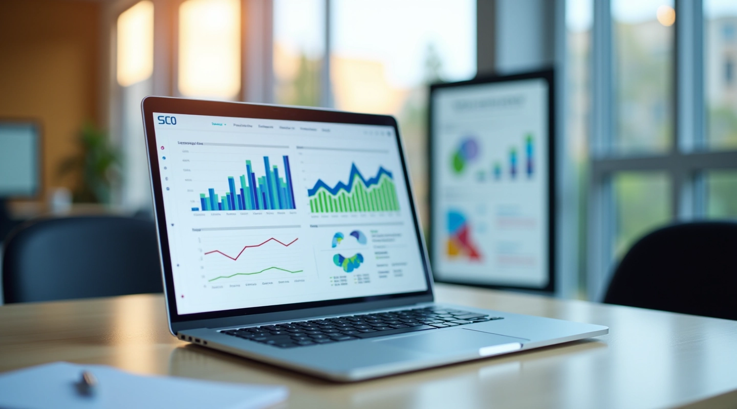 Laptop displaying data analysis on modern desk workspace