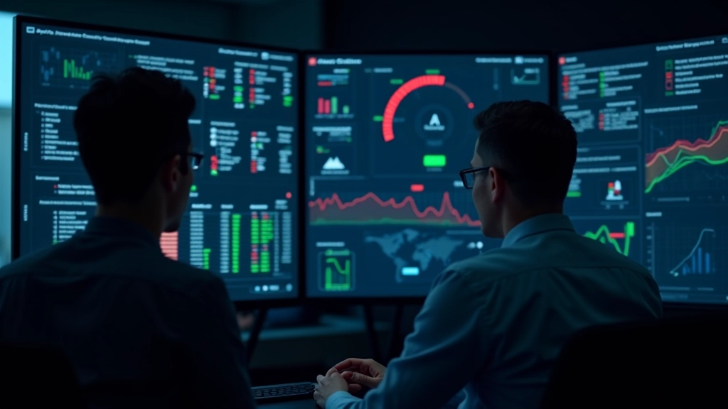 Computer security dashboard showing real-time transaction monitoring alerts and threat detection