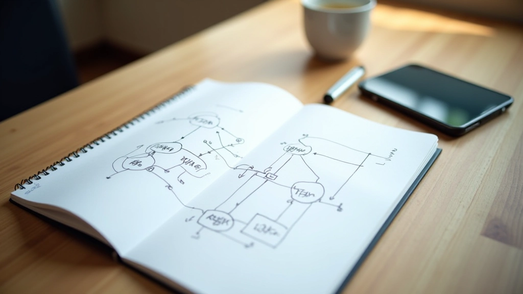 Handwritten notes and diagrams on paper showing network patterns and data connections