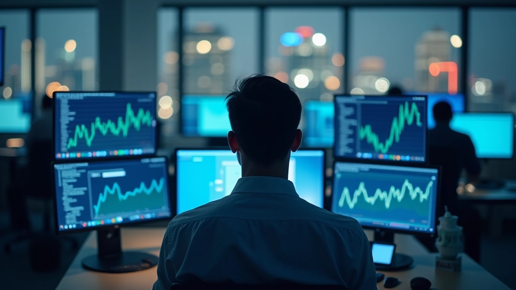 Professional at desk with monitoring systems and transaction screens